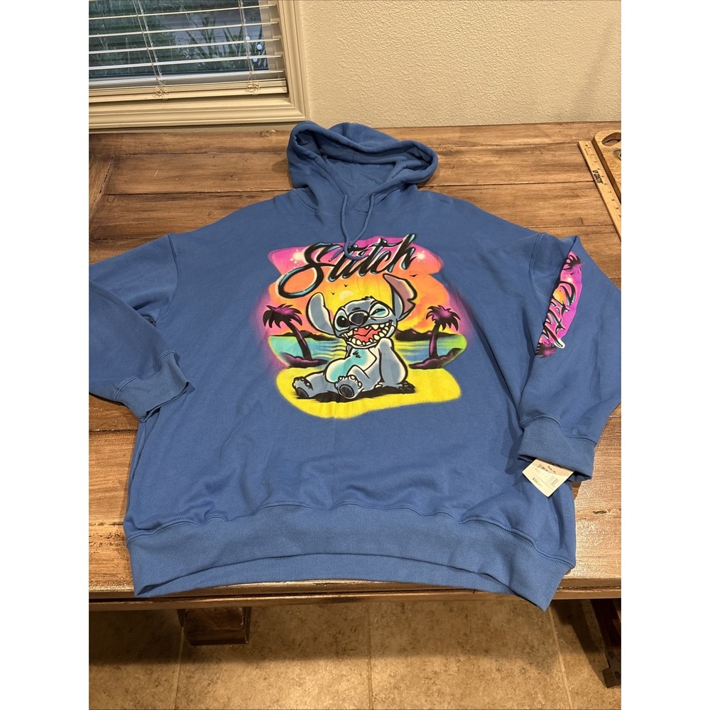 Disney Lilo & Stitch Hoodie Mens XLBlue Airbrush Pullover Sweatshirt NWT